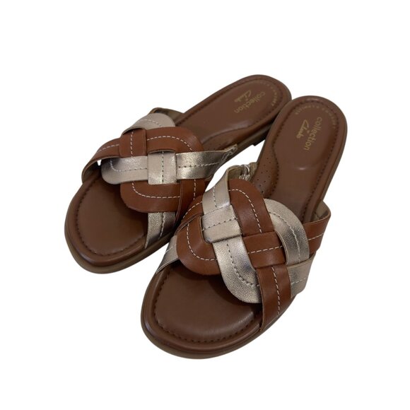 Clarks Collection Women SZ 5.5M Brown & Rosegold Woven Slide Sandal - Picture 10 of 14